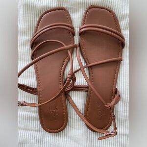LOFT Tan Strappy Flat Sandals with Ankle Wraps
